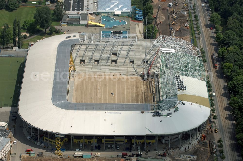 Dresden from the bird's eye view: Construction view of the stadium in Dresden in the state Saxony. The football stadium had to Lennéstreet over time the name of Rudolf-Harbig-Stadion, Dynamo Stadium and Gluecksgas Stadium