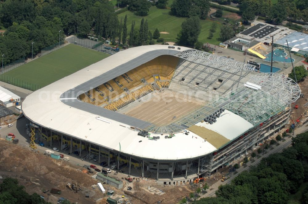 Aerial image Dresden - Construction view of the stadium in Dresden in the state Saxony. The football stadium had to Lennéstreet over time the name of Rudolf-Harbig-Stadion, Dynamo Stadium and Gluecksgas Stadium