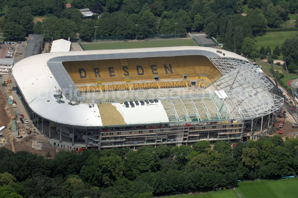 Dresden from above - Construction view of the stadium in Dresden in the state Saxony. The football stadium had to Lennéstreet over time the name of Rudolf-Harbig-Stadion, Dynamo Stadium and Gluecksgas Stadium