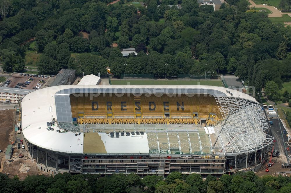 Dresden from the bird's eye view: Construction view of the stadium in Dresden in the state Saxony. The football stadium had to Lennéstreet over time the name of Rudolf-Harbig-Stadion, Dynamo Stadium and Gluecksgas Stadium