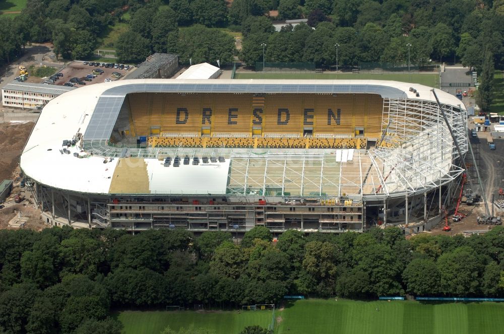 Aerial image Dresden - Construction view of the stadium in Dresden in the state Saxony. The football stadium had to Lennéstreet over time the name of Rudolf-Harbig-Stadion, Dynamo Stadium and Gluecksgas Stadium