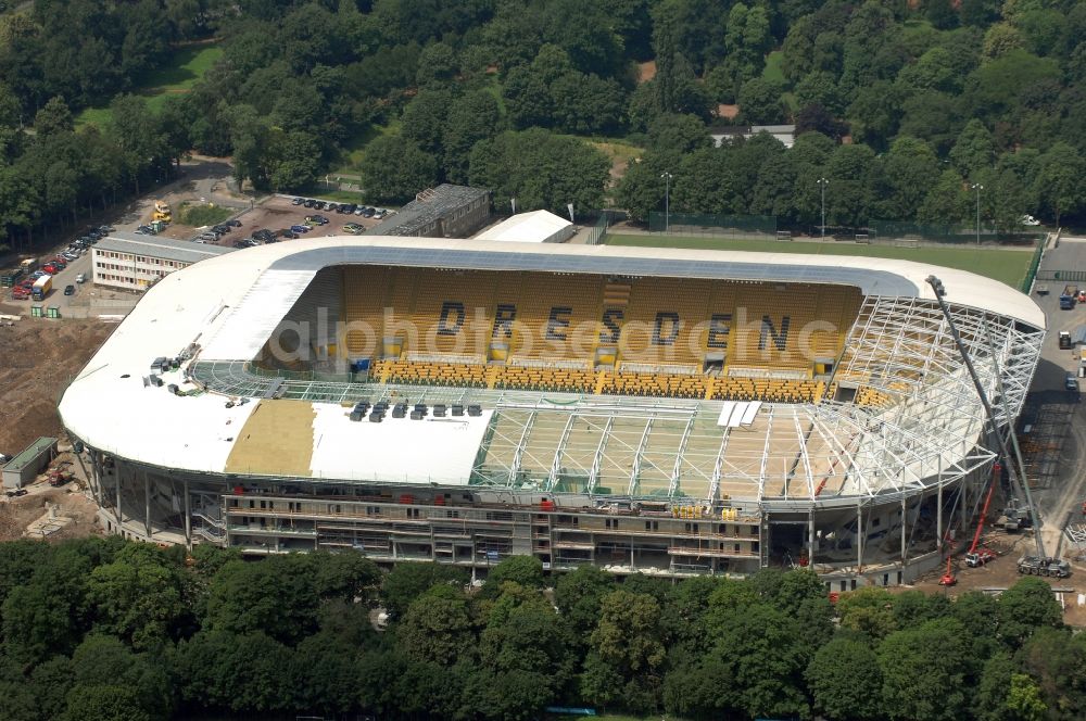 Aerial photograph Dresden - Construction view of the stadium in Dresden in the state Saxony. The football stadium had to Lennéstreet over time the name of Rudolf-Harbig-Stadion, Dynamo Stadium and Gluecksgas Stadium