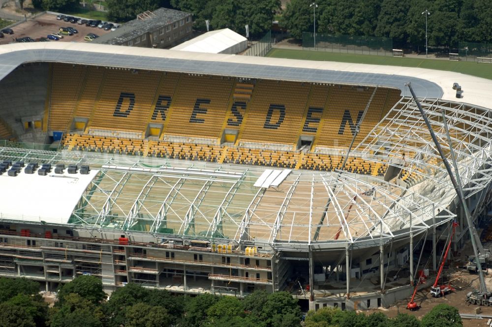 Dresden from above - Construction view of the stadium in Dresden in the state Saxony. The football stadium had to Lennéstreet over time the name of Rudolf-Harbig-Stadion, Dynamo Stadium and Gluecksgas Stadium