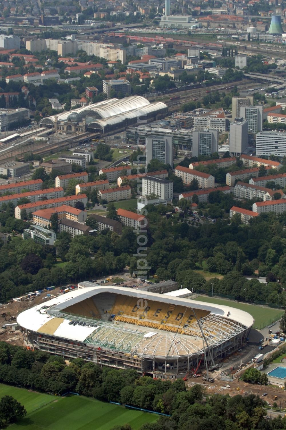 Dresden from the bird's eye view: Construction view of the stadium in Dresden in the state Saxony. The football stadium had to Lennéstreet over time the name of Rudolf-Harbig-Stadion, Dynamo Stadium and Gluecksgas Stadium