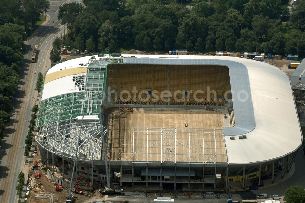 Aerial photograph Dresden - Construction view of the stadium in Dresden in the state Saxony. The football stadium had to Lennéstreet over time the name of Rudolf-Harbig-Stadion, Dynamo Stadium and Gluecksgas Stadium