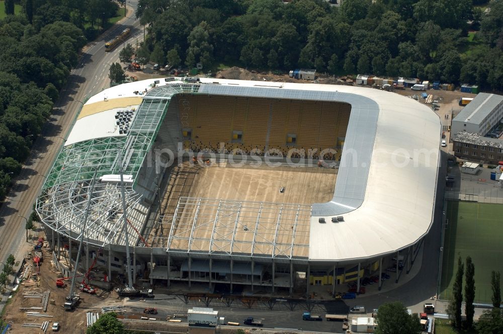 Dresden from above - Construction view of the stadium in Dresden in the state Saxony. The football stadium had to Lennéstreet over time the name of Rudolf-Harbig-Stadion, Dynamo Stadium and Gluecksgas Stadium