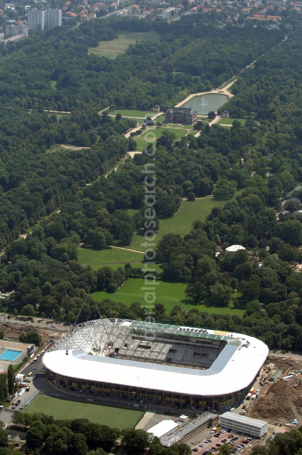 Dresden from above - Construction view of the stadium in Dresden in the state Saxony. The football stadium had to Lennéstreet over time the name of Rudolf-Harbig-Stadion, Dynamo Stadium and Gluecksgas Stadium