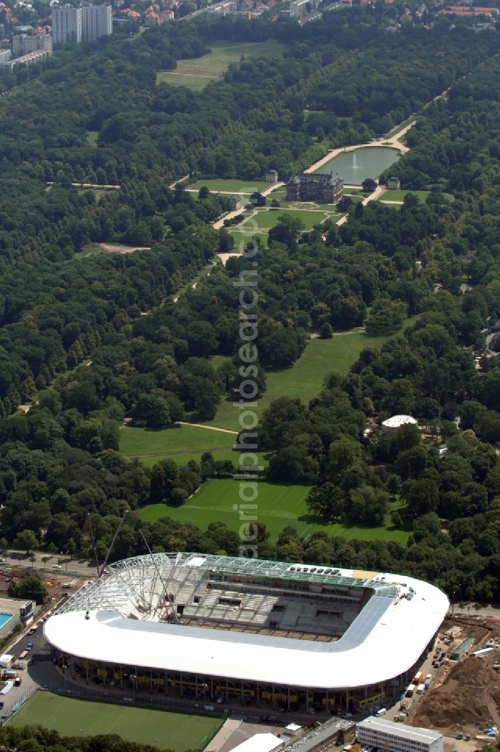 Dresden from the bird's eye view: Construction view of the stadium in Dresden in the state Saxony. The football stadium had to Lennéstreet over time the name of Rudolf-Harbig-Stadion, Dynamo Stadium and Gluecksgas Stadium