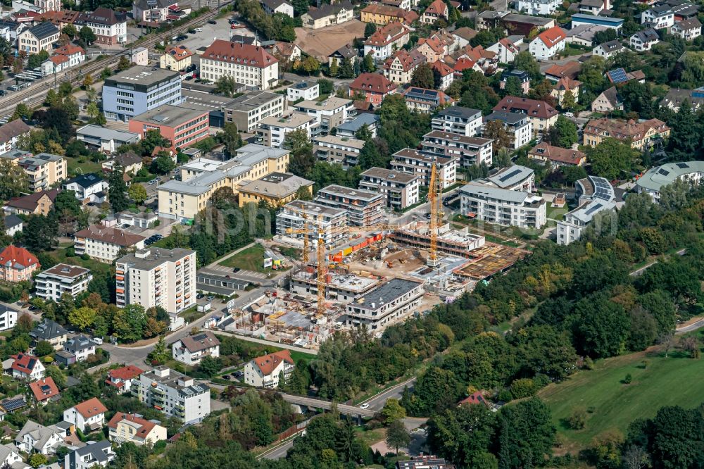 Schopfheim from above - Construction site for the city villa - multi-family residential building on Eisweier in Schopfheim in the state Baden-Wurttemberg, Germany