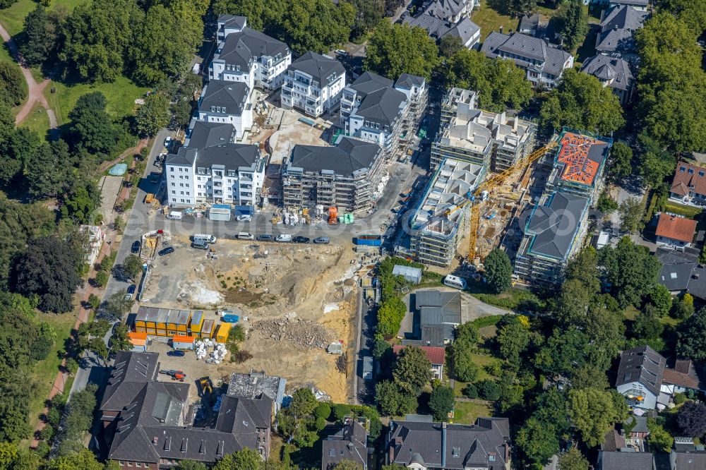 Bochum from the bird's eye view: Construction site for the city villa - multi-family residential building in the Dichterviertel on Wielandstrasse - Herderallee - Lessingstrasse in the district Grumme in Bochum in the state North Rhine-Westphalia, Germany