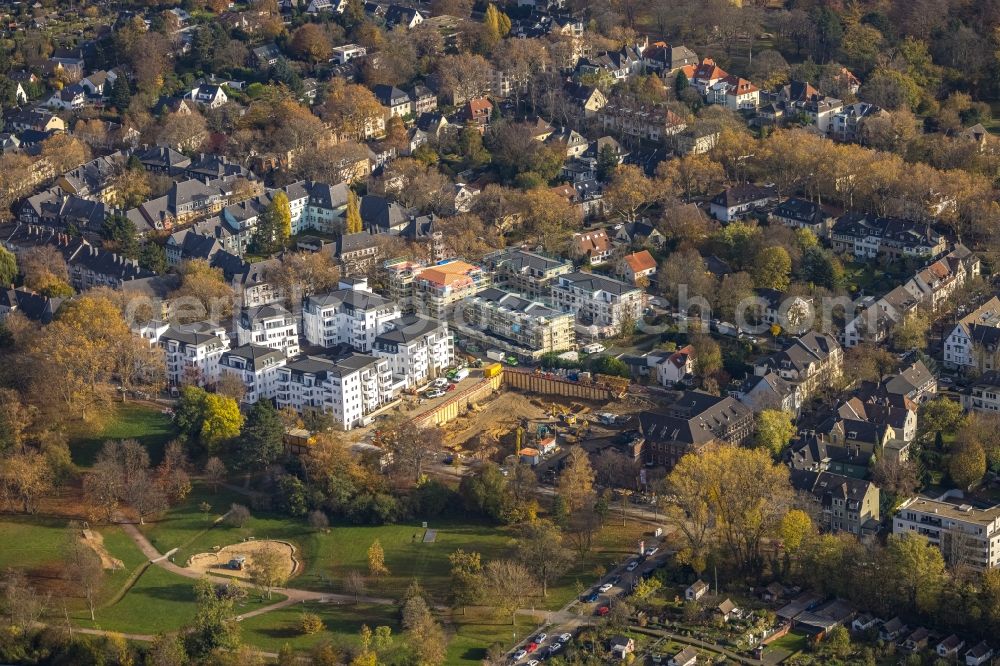 Bochum from the bird's eye view: Construction site for the city villa - multi-family residential building in the Dichterviertel on Wielandstrasse - Herderallee - Lessingstrasse in the district Grumme in Bochum in the state North Rhine-Westphalia, Germany