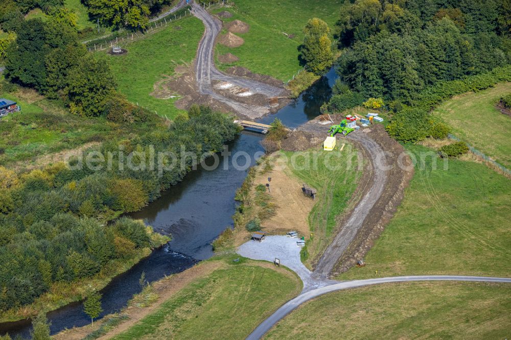 Bestwig from the bird's eye view: Construction of road bridge across the river Ruhr in Bestwig at Sauerland in the state North Rhine-Westphalia, Germany