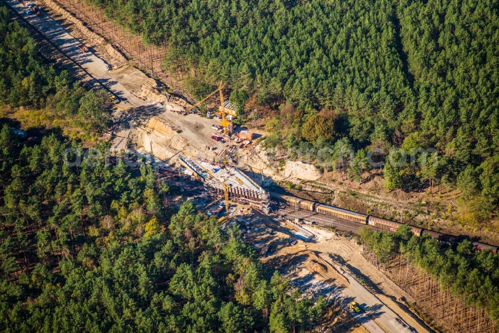 Aerial image Kuhlowitz - Construction of road bridge overhad the train- track on federal street B246 in Kuhlowitz in the state Brandenburg, Germany