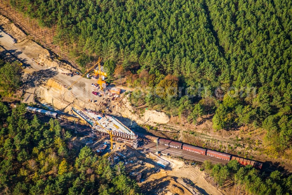 Aerial photograph Kuhlowitz - Construction of road bridge overhad the train- track on federal street B246 in Kuhlowitz in the state Brandenburg, Germany