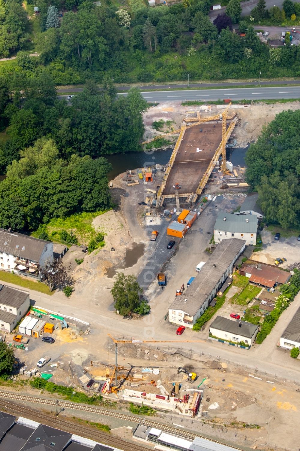 Arnsberg from above - Construction for the new building of the road bridge over the Ruhr at the B229 in Arnsberg in North Rhine-Westphalia