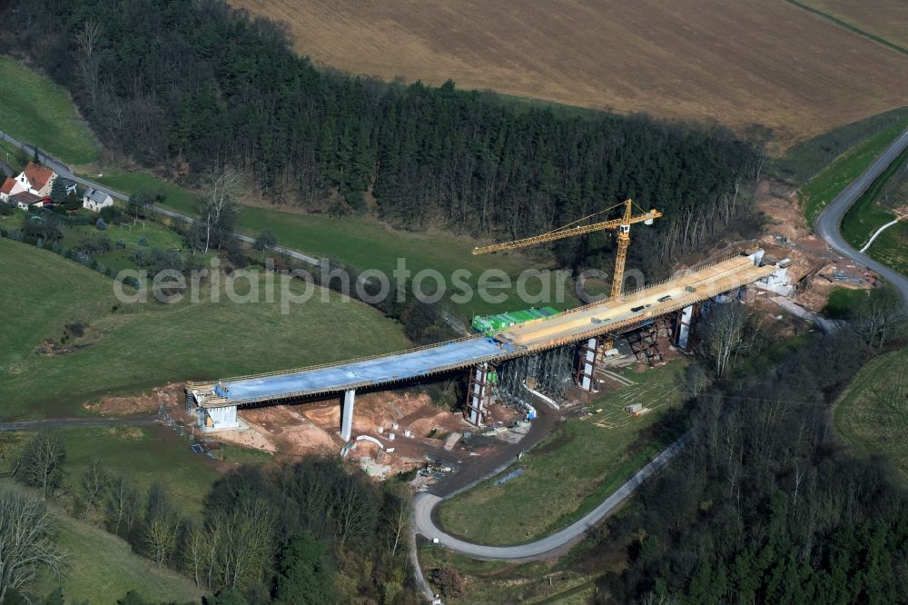 Aerial image Bad Salzungen - Construction of road bridge Bruecke about Leimbachtal (BW 5) of B 62 OU local bypass in Bad Salzungen in the state Thuringia