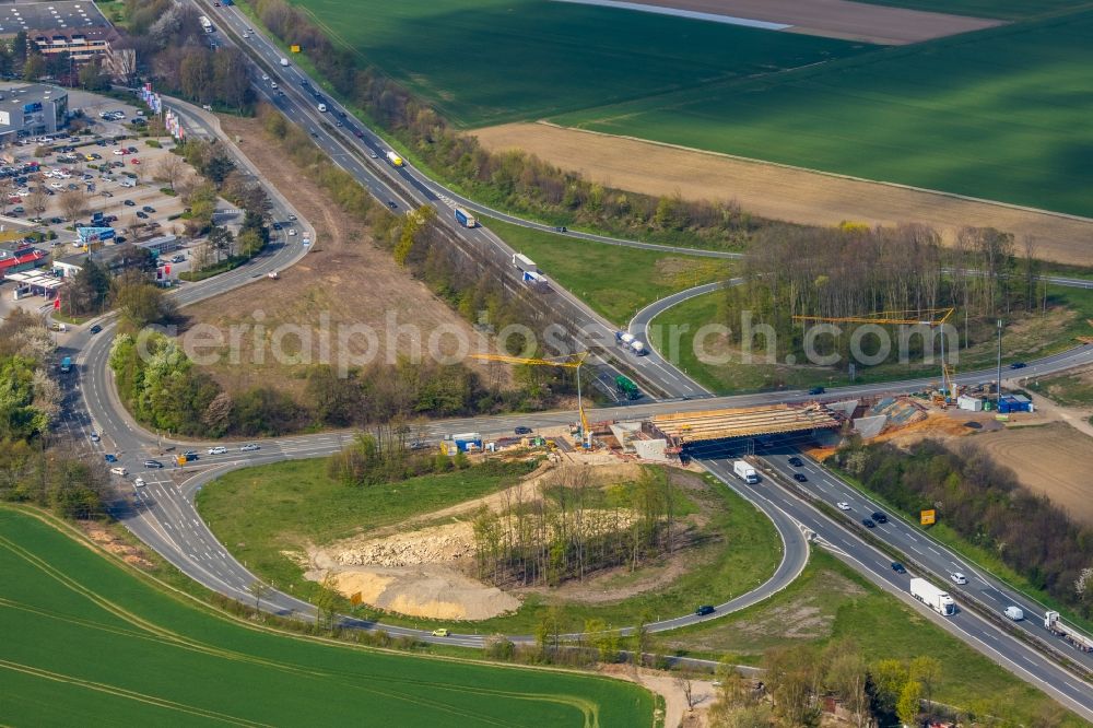 Aerial photograph Dortmund - Construction of road bridge on Buddenacker ueber den Westfalendonm in Dortmund in the state North Rhine-Westphalia, Germany