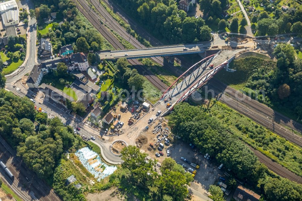 Aerial image Bochum - Construction of road bridge of Buselohbruecke in Bochum in the state North Rhine-Westphalia, Germany. The bridge will connect the Harpener Str. with the Buselohstrasse