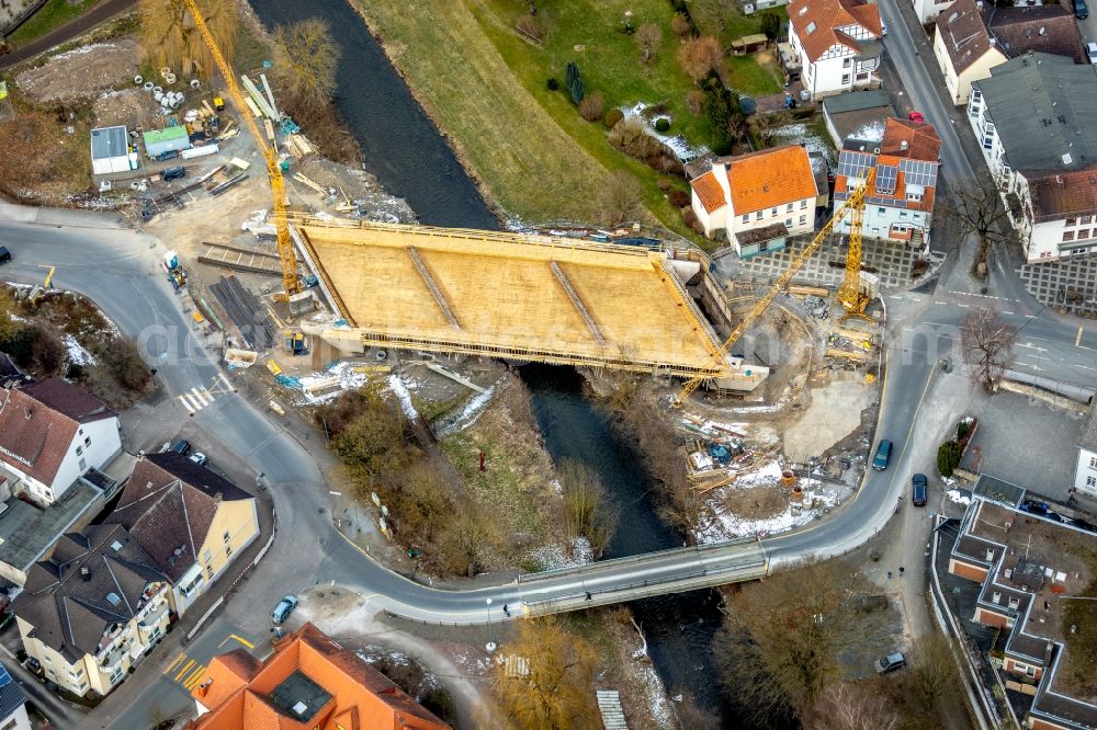 Aerial photograph Marsberg - Construction of road bridge Diemelbruecke on Lillersstrasse in Marsberg in the state North Rhine-Westphalia, Germany