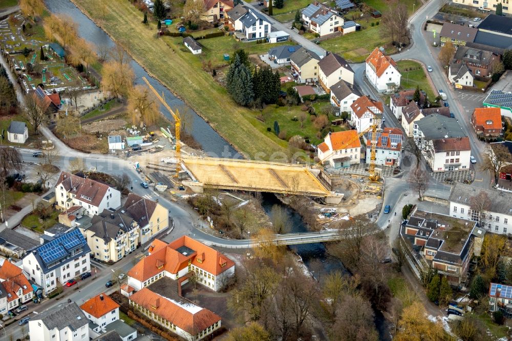 Marsberg from above - Construction of road bridge Diemelbruecke on Lillersstrasse in Marsberg in the state North Rhine-Westphalia, Germany