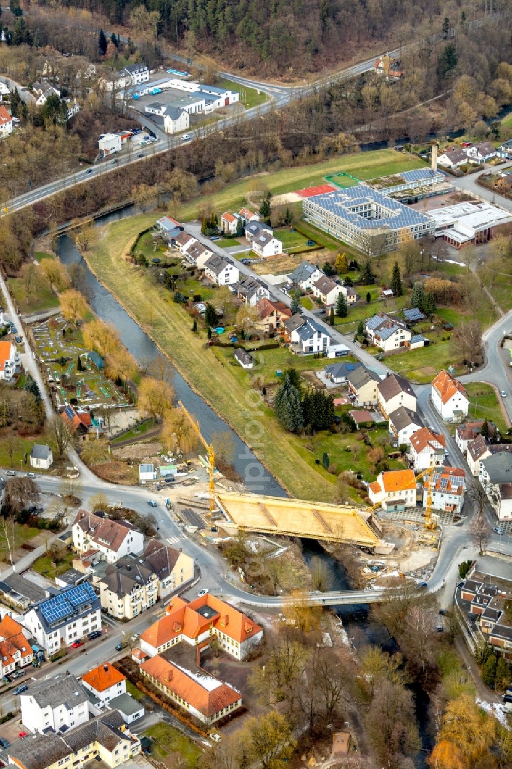 Marsberg from the bird's eye view: Construction of road bridge Diemelbruecke on Lillersstrasse in Marsberg in the state North Rhine-Westphalia, Germany