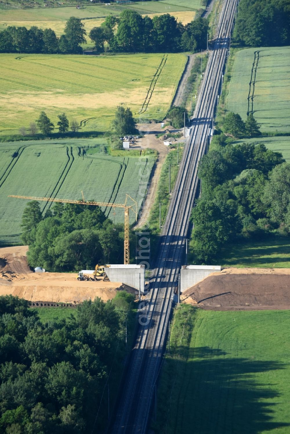 Aerial image Doberlug-Kirchhain - Construction of road bridge through the STRABAG AG in Doberlug-Kirchhain in the state Brandenburg, Germany