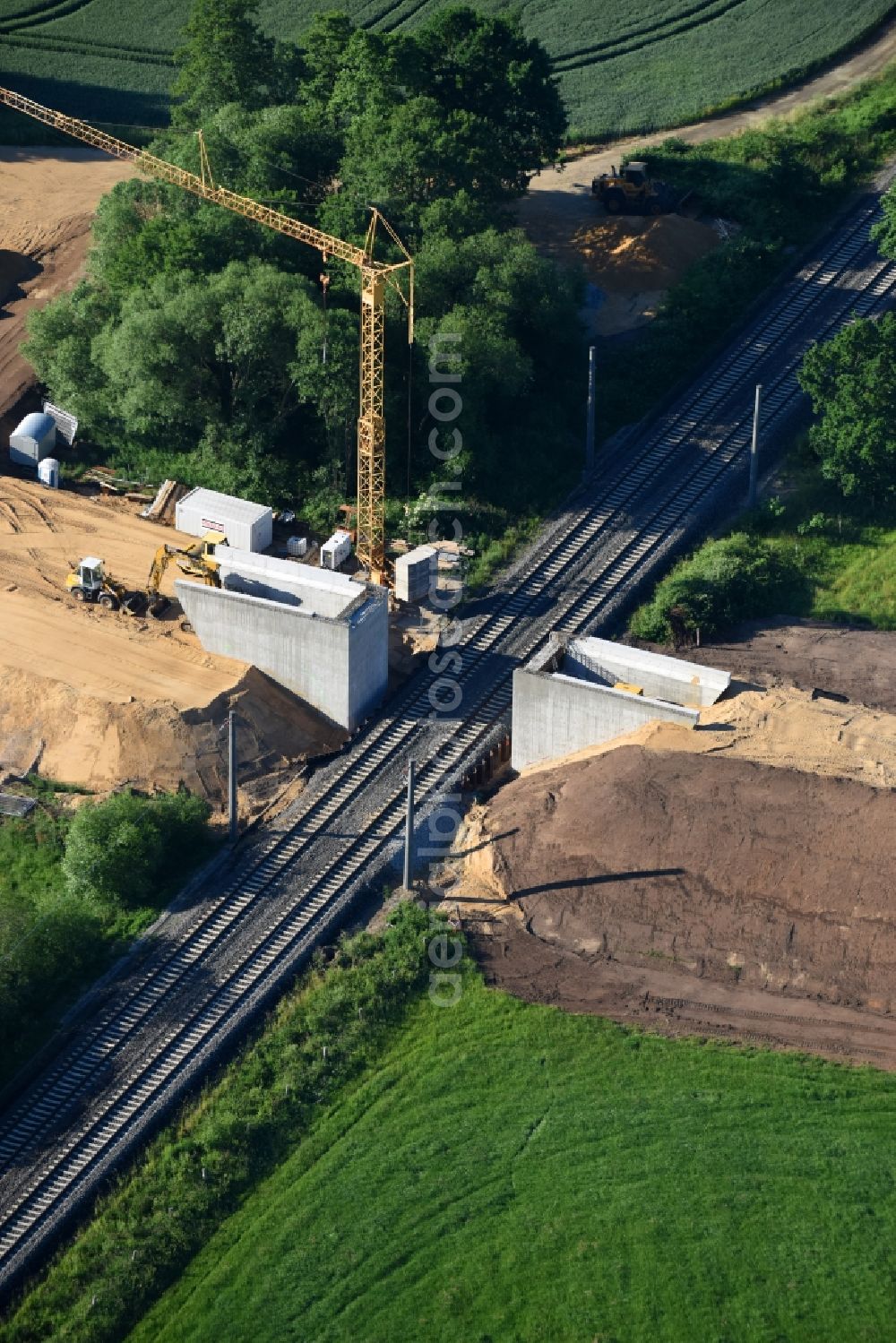 Doberlug-Kirchhain from above - Construction of road bridge through the STRABAG AG in Doberlug-Kirchhain in the state Brandenburg, Germany