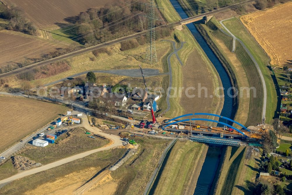 Dinslaken from above - Construction of road bridge on Hagelstrasse about the Emscher in Dinslaken in the state North Rhine-Westphalia, Germany