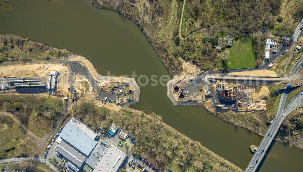 Wesel from above - Construction of road bridge Lippebruecke on street Am Lippeglacis in Wesel at Ruhrgebiet in the state North Rhine-Westphalia, Germany