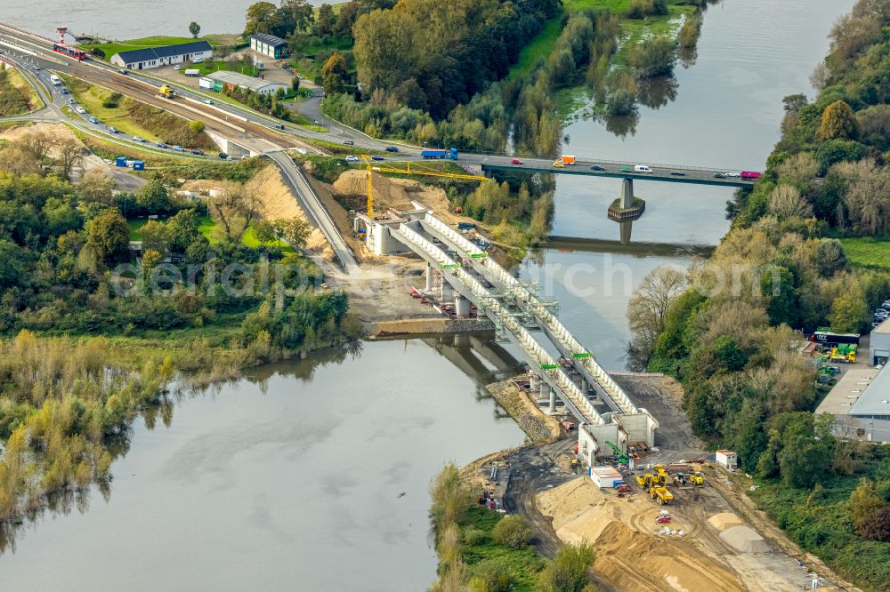 Aerial image Wesel - Construction of road bridge Lippebruecke on street Am Lippeglacis in Wesel at Ruhrgebiet in the state North Rhine-Westphalia, Germany