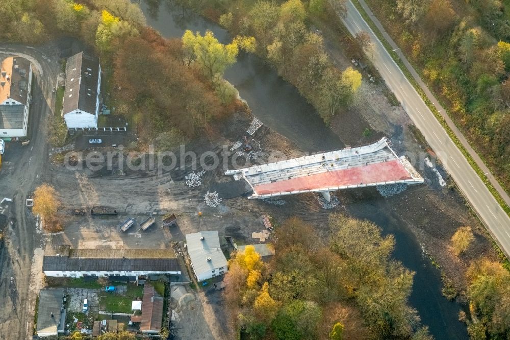 Aerial image Arnsberg - Construction for the new building of the road bridge new Ruhr Bruecke over the Ruhr at the B229 near the train station in Arnsberg in North Rhine-Westphalia