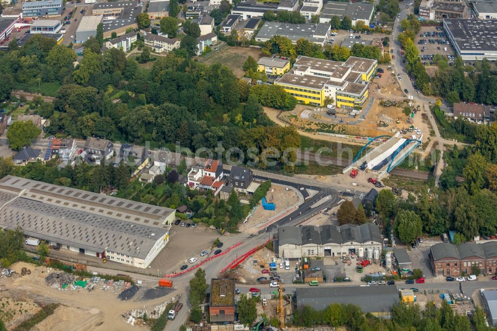 Essen from above - Construction of road bridge Nuenningbruecke between Hubertstrasse and Nuenningstrasse in Essen in the state North Rhine-Westphalia, Germany