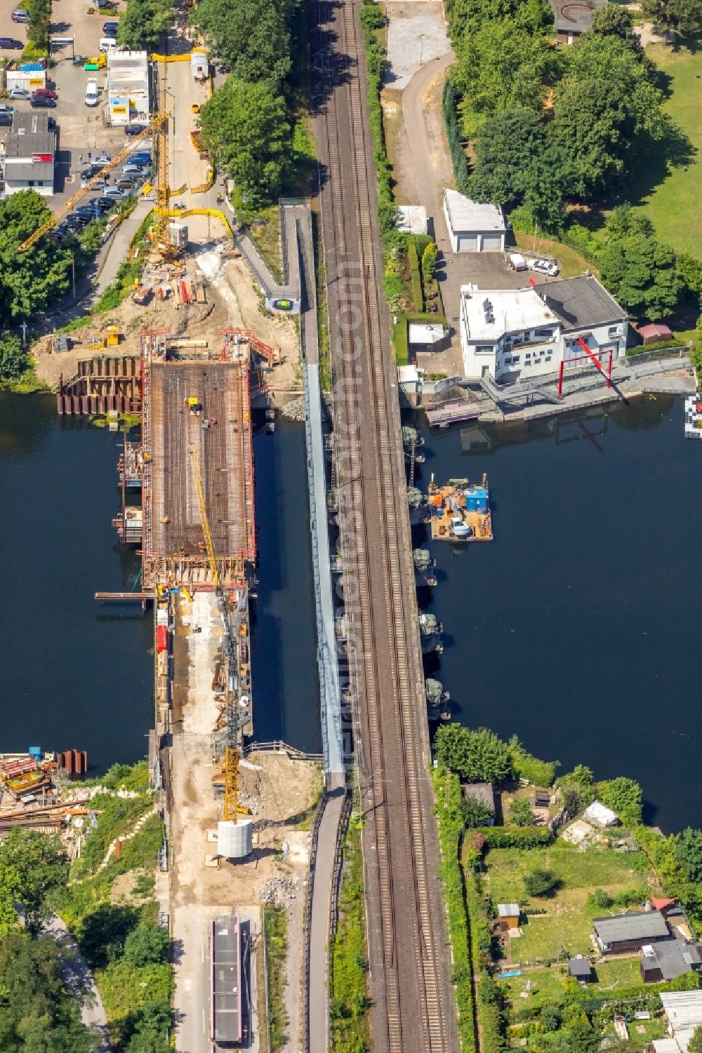 Aerial photograph Wetter (Ruhr) - Construction of road bridge Obergraben-Bruecke along the Friedrichstrasse in Wetter (Ruhr) in the state North Rhine-Westphalia