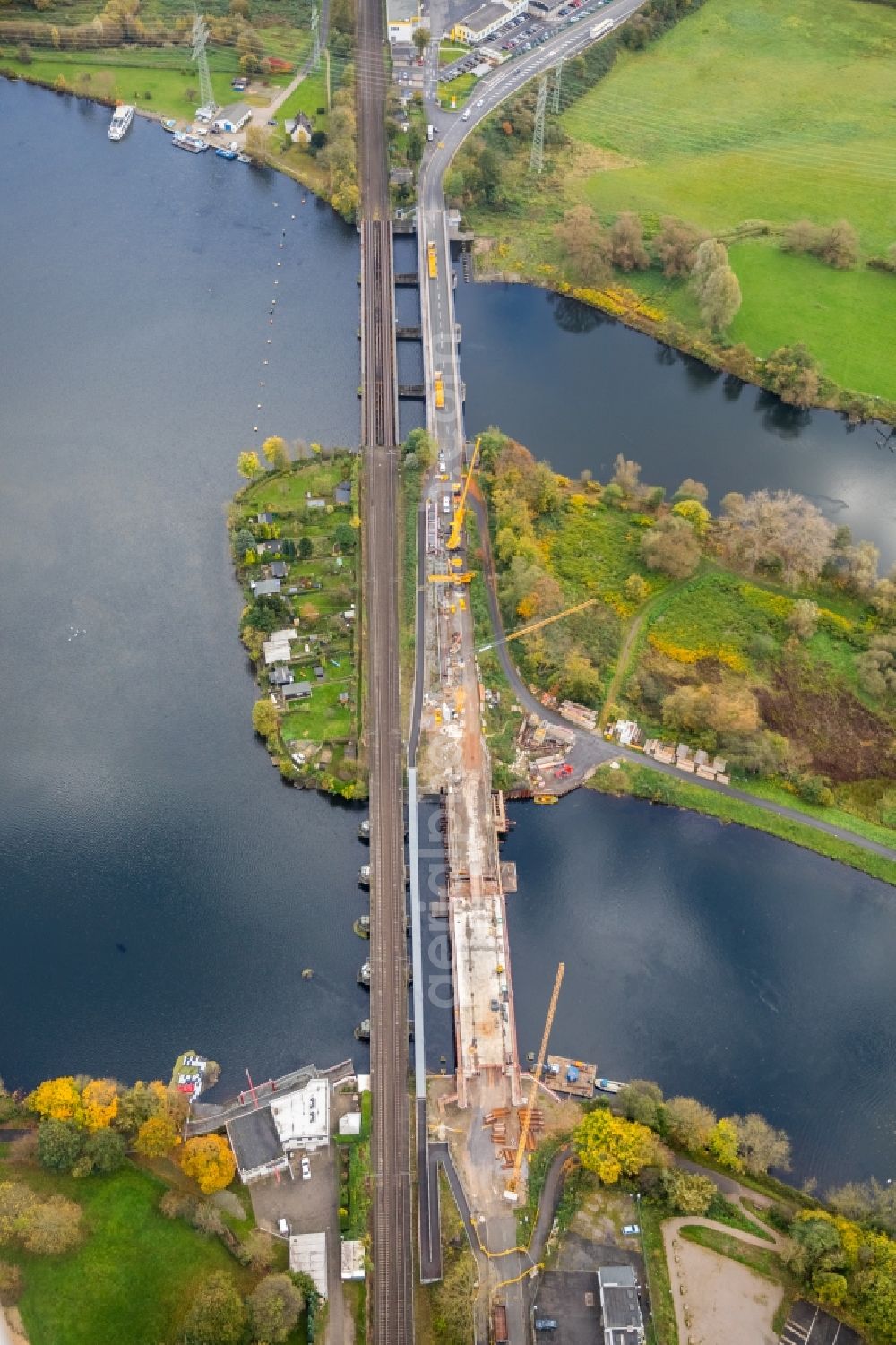 Aerial photograph Wetter (Ruhr) - Construction of road bridge Obergraben-Bruecke along the Friedrichstrasse in Wetter (Ruhr) in the state North Rhine-Westphalia