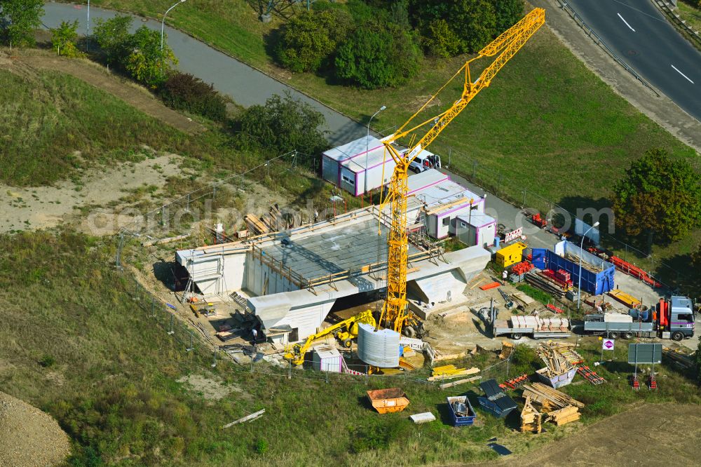 Aerial image Radeburg - Construction site for the new road bridge structure to overpass the western ramp of the A 13 junction at Ottostrasse in Radeburg in the state of Saxony, Germany