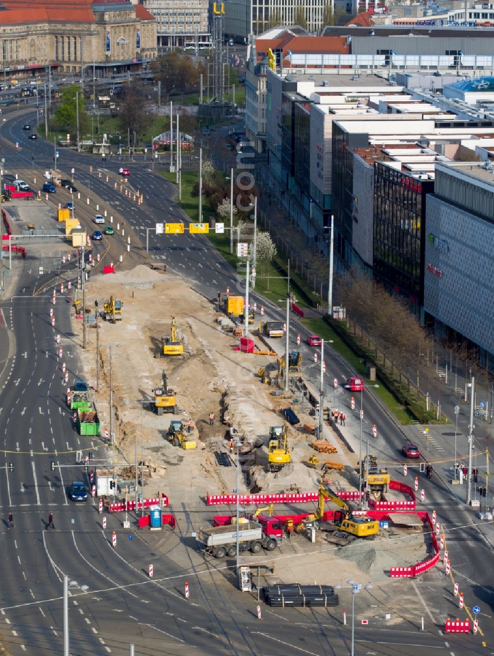 Leipzig from the bird's eye view: Construction site for the new building the tram stop Goerdelerring in Leipzig in the state Saxony, Germany