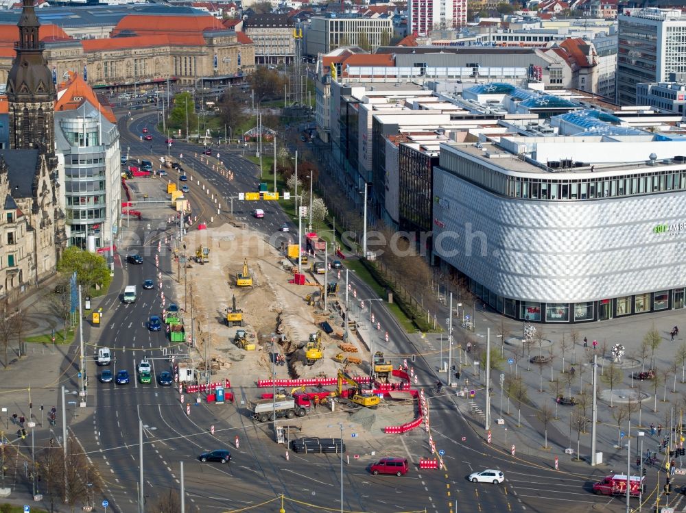 Aerial image Leipzig - Construction site for the new building the tram stop Goerdelerring in Leipzig in the state Saxony, Germany