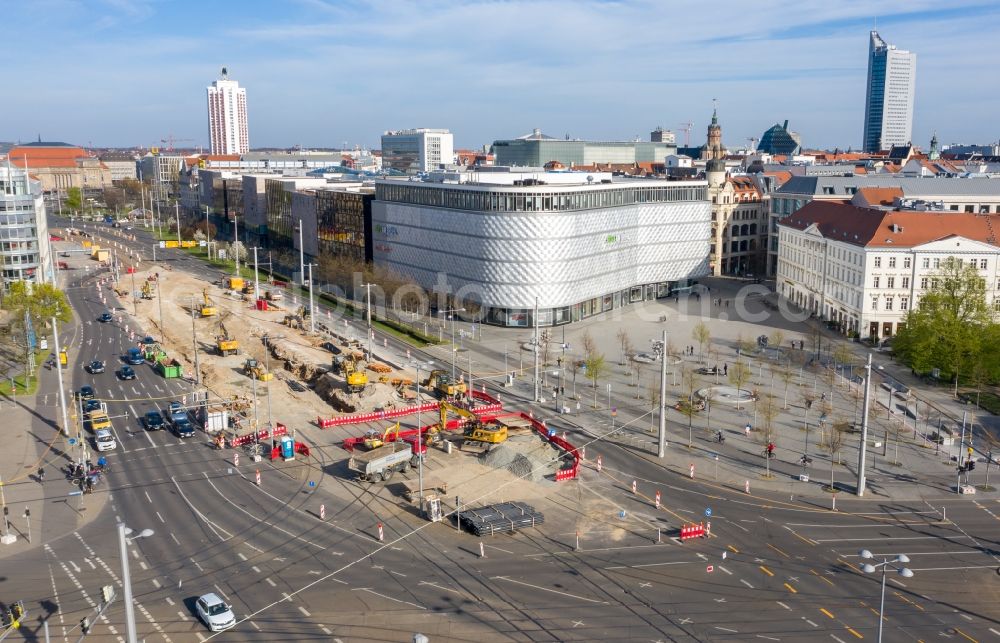 Leipzig from above - Construction site for the new building the tram stop Goerdelerring in Leipzig in the state Saxony, Germany