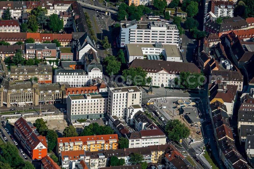 Freiburg im Breisgau from above - Construction site for the new building Strassenbau on Siegesdenkmal in Freiburg im Breisgau in the state Baden-Wuerttemberg, Germany