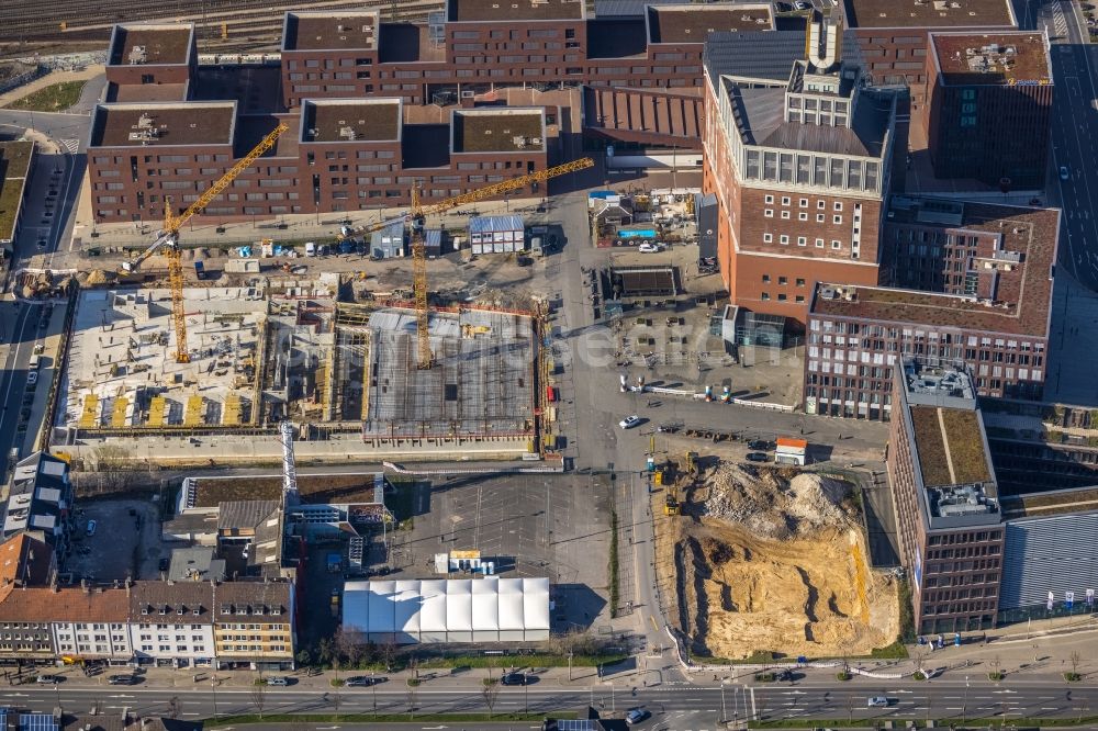 Dortmund from the bird's eye view: Construction site of a student dorm on Emil-Moog-Platz - Benno-Elkan-Allee - Ritterstrasse in Dortmund at Ruhrgebiet in the state North Rhine-Westphalia, Germany