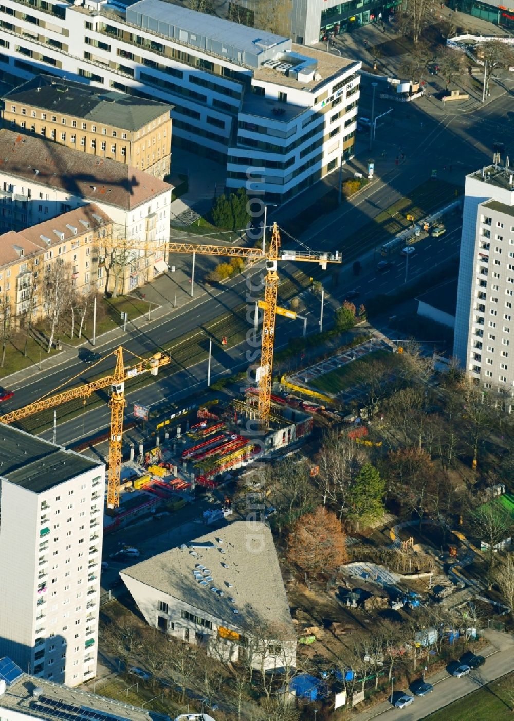 Aerial photograph Dresden - Construction site of a student dorm on Grunaer Strasse in the district Suedvorstadt-Ost in Dresden in the state Saxony, Germany