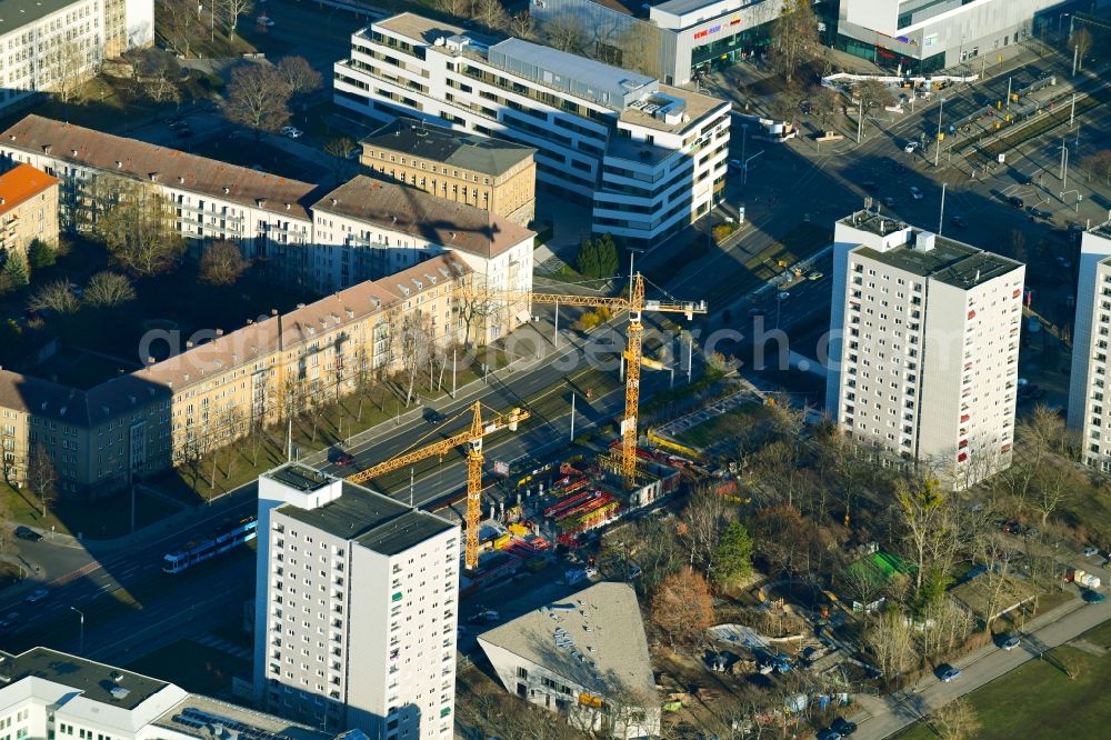 Dresden from above - Construction site of a student dorm on Grunaer Strasse in the district Suedvorstadt-Ost in Dresden in the state Saxony, Germany