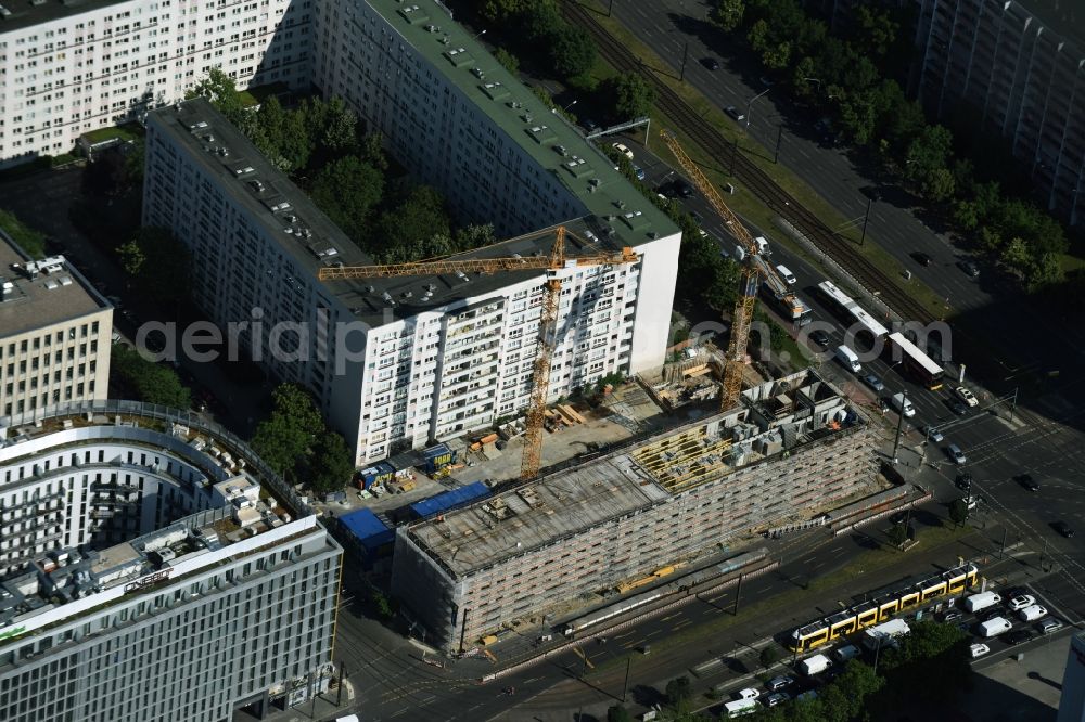 Aerial photograph Berlin - Construction site of Porr Deutschland GmbH to build a new student dormitory - building LAMBERT HOLDING GMBH Studio:B at Mollstrasse - Otto-Braun-Strasse in the Mitte district in Berlin