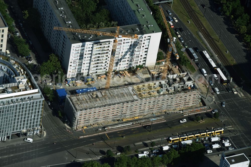 Berlin from above - Construction site of Porr Deutschland GmbH to build a new student dormitory - building LAMBERT HOLDING GMBH Studio:B at Mollstrasse - Otto-Braun-Strasse in the Mitte district in Berlin
