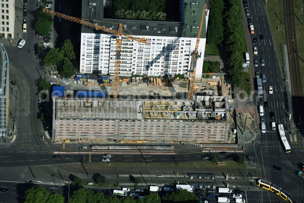 Berlin from the bird's eye view: Construction site of Porr Deutschland GmbH to build a new student dormitory - building LAMBERT HOLDING GMBH Studio:B at Mollstrasse - Otto-Braun-Strasse in the Mitte district in Berlin