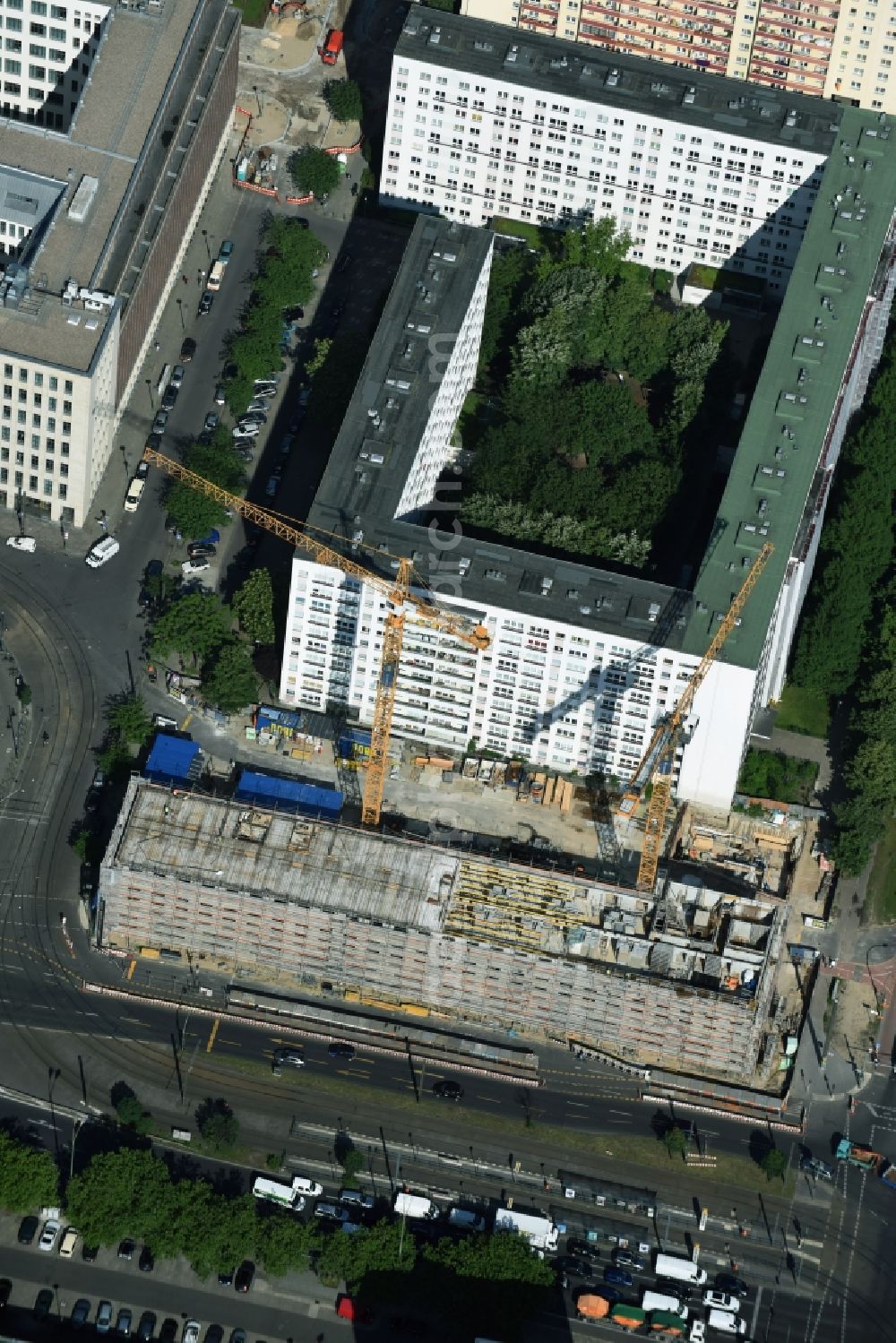 Berlin from above - Construction site of Porr Deutschland GmbH to build a new student dormitory - building LAMBERT HOLDING GMBH Studio:B at Mollstrasse - Otto-Braun-Strasse in the Mitte district in Berlin