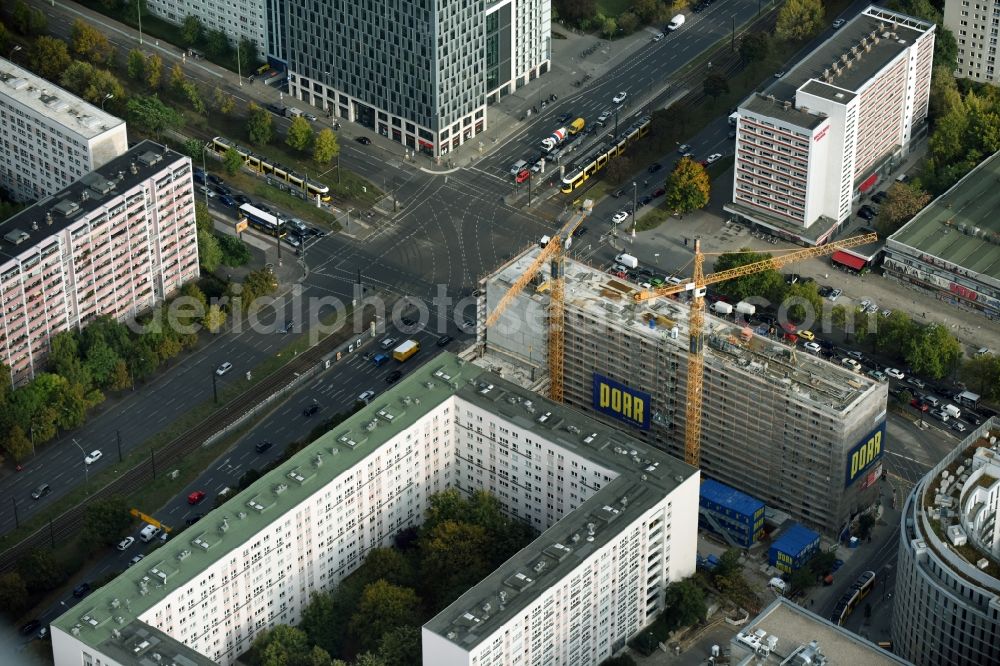 Aerial image Berlin - Construction site of Porr Deutschland GmbH to build a new student dormitory - building LAMBERT HOLDING GMBH Studio:B at Mollstrasse - Otto-Braun-Strasse in the Mitte district in Berlin