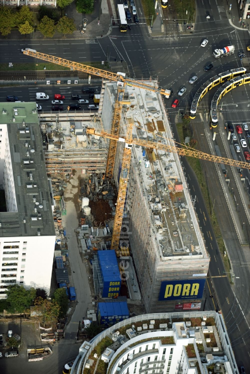 Berlin from above - Construction site of Porr Deutschland GmbH to build a new student dormitory - building LAMBERT HOLDING GMBH Studio:B at Mollstrasse - Otto-Braun-Strasse in the Mitte district in Berlin