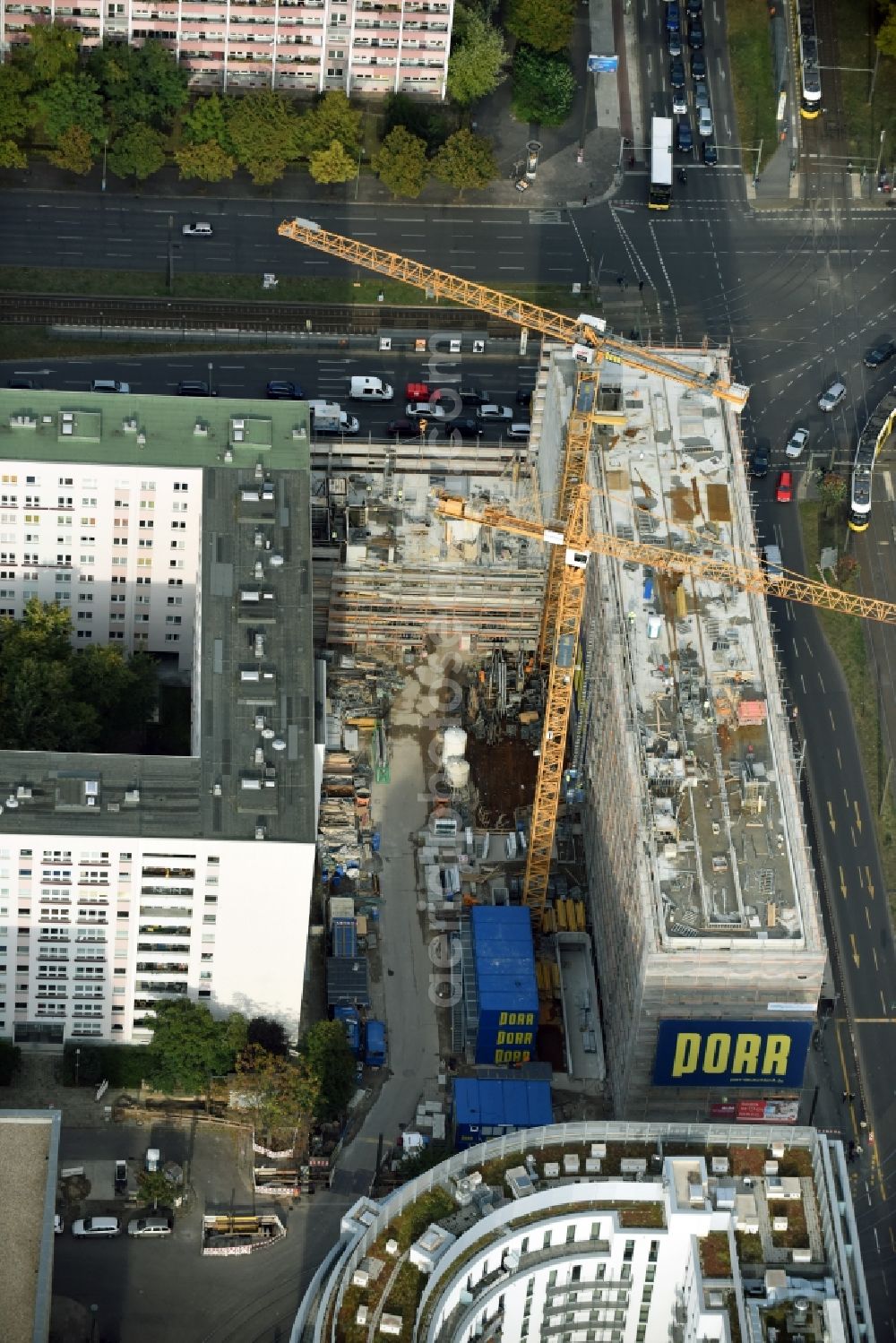 Berlin from the bird's eye view: Construction site of Porr Deutschland GmbH to build a new student dormitory - building LAMBERT HOLDING GMBH Studio:B at Mollstrasse - Otto-Braun-Strasse in the Mitte district in Berlin