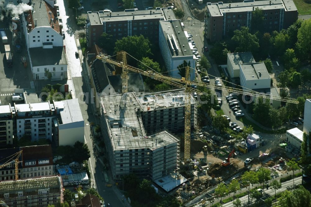 Leipzig from the bird's eye view: Construction site of a student dorm on Muehlstrasse corner Prager Strasse in the district Suedost in Leipzig in the state Saxony, Germany